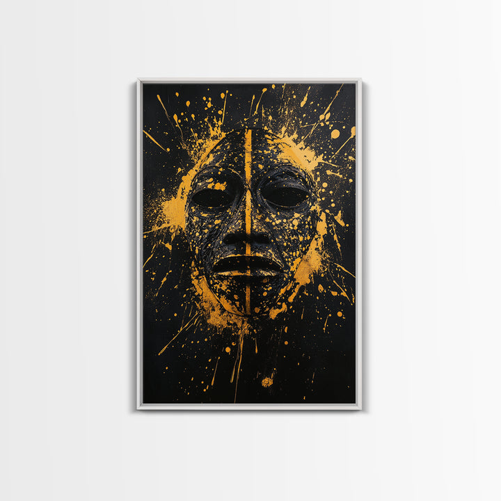 African Tribal Mask Gold Canvas Print, Bold Face Art, Splatter Style Ethnic Wall Decoration, Real Wood Frame