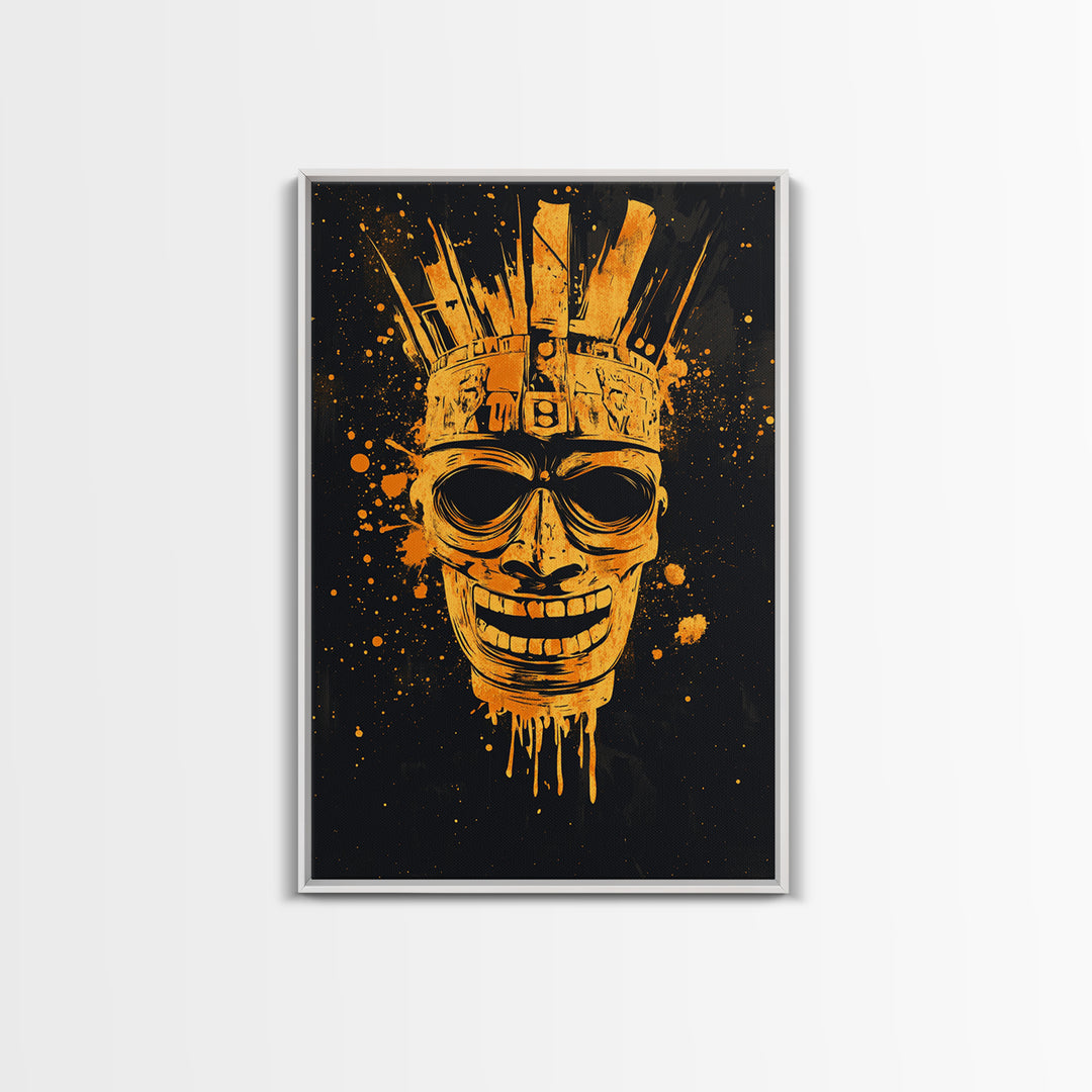 Ancient Warrior Mask Gold Canvas Print, Tribal Armor Inspired Face Art, Bold Splatter Wall Decor, Real Wood Frame