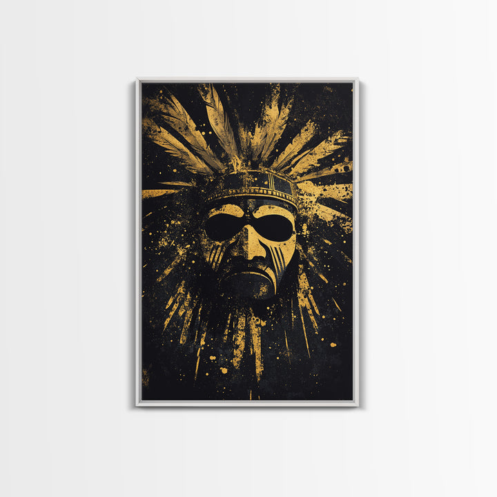 Aztec Sun Mask Gold Canvas Print, Tribal Inspired Ancient Face Art, Splatter Style Wall Decor, Real Wood Frame