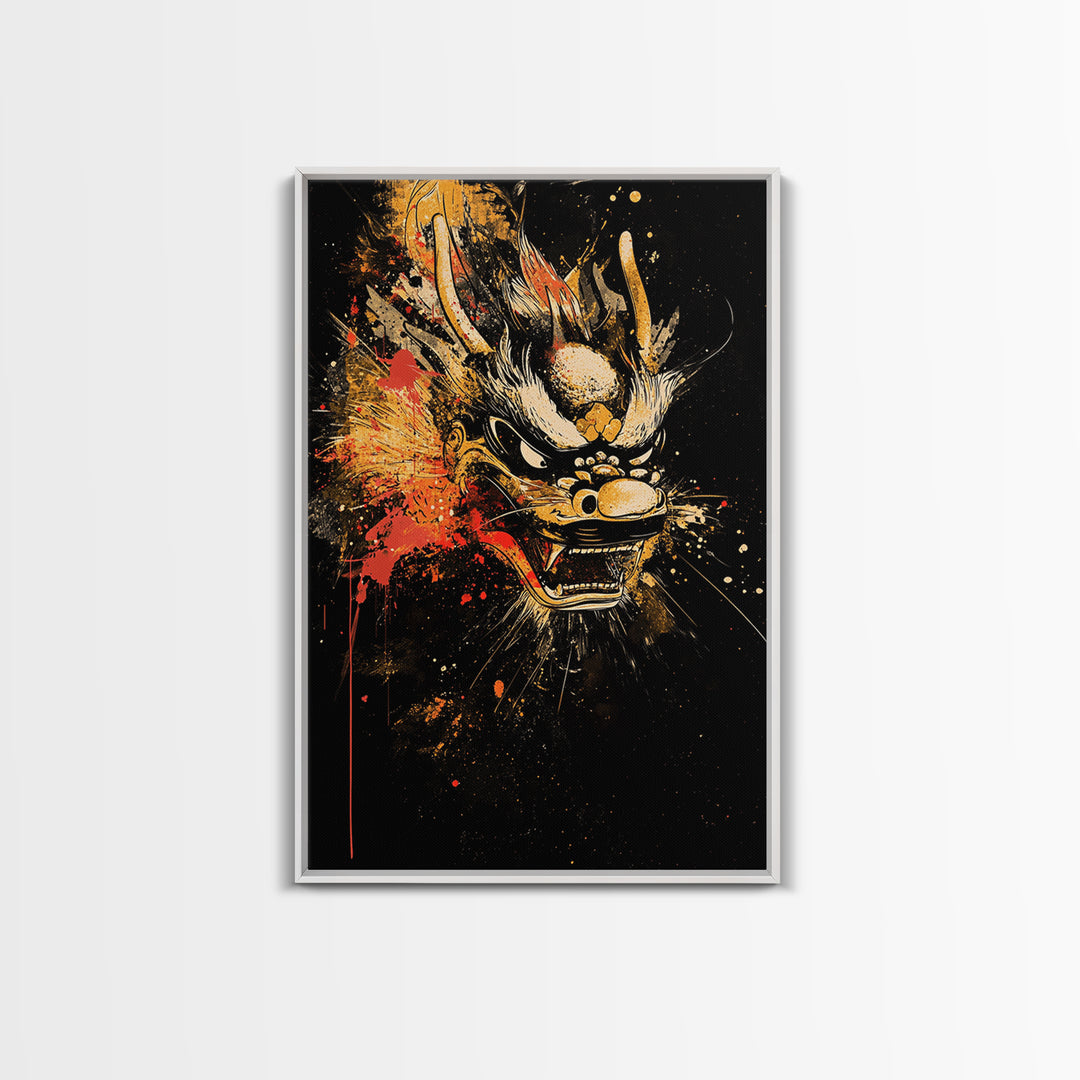 Native Headdress Mask Gold Canvas Art, Tribal Inspired Splatter Face Print, Bold Ethnic Wall Decor, Real Wood Frame