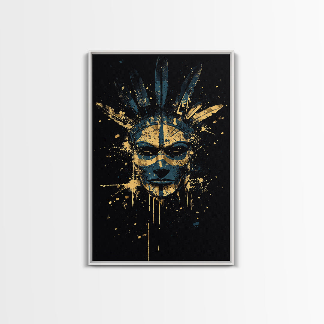 Tribal Feather Mask Gold Canvas Print, Abstract Splatter Mask Wall Art, Real Wood Frame, Modern Ethnic Home Decor