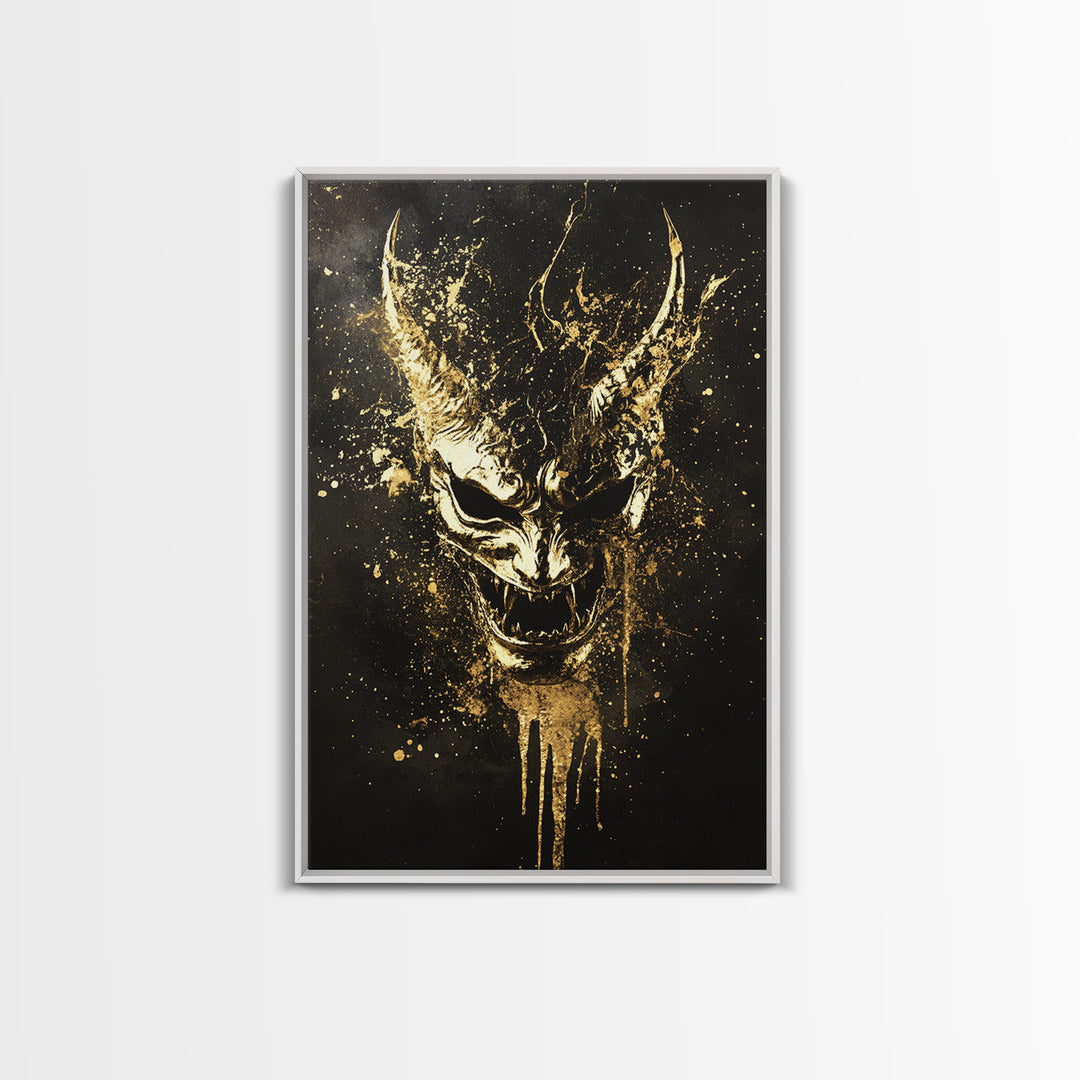 Oni Demon Mask Gold Canvas Print, Japanese Mythology Wall Art, Real Wood Frame, Bold Samurai Mask Artwork