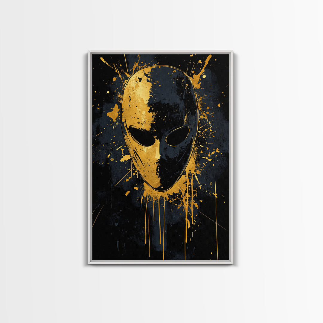 Minimalist Mask Gold Canvas Print, Abstract Splatter Face Wall Art, Real Wood Frame, Contemporary Mask Decor