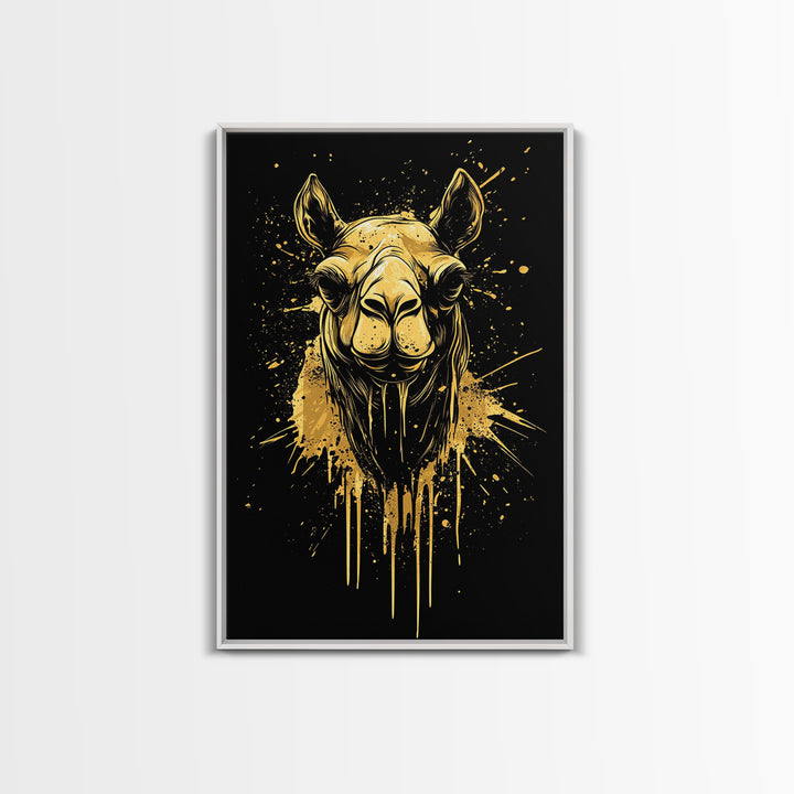 Camel Portrait Gold Canvas Print, Animal Splatter Wall Art, Real Wood Frame, Modern Wildlife Artwork For Home