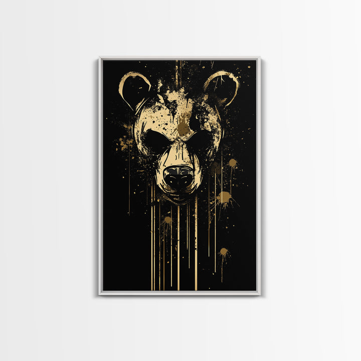 Bear Face Gold Canvas Print, Animal Splatter Wall Art, Real Wood Frame, Fierce Wildlife Artwork For Modern Decor