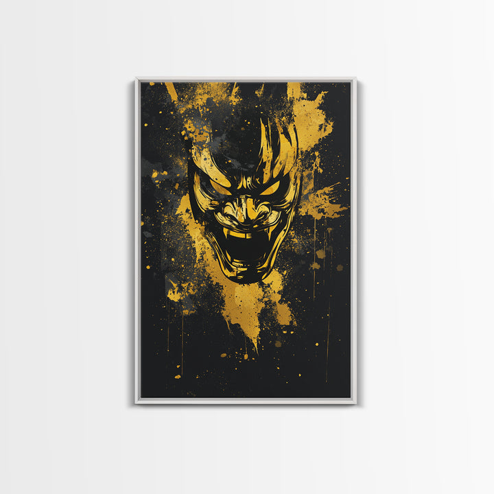Samurai Mask Gold Canvas Print, Japanese Warrior Wall Art, Real Wood Frame, Bold Splatter Mask Artwork For Home