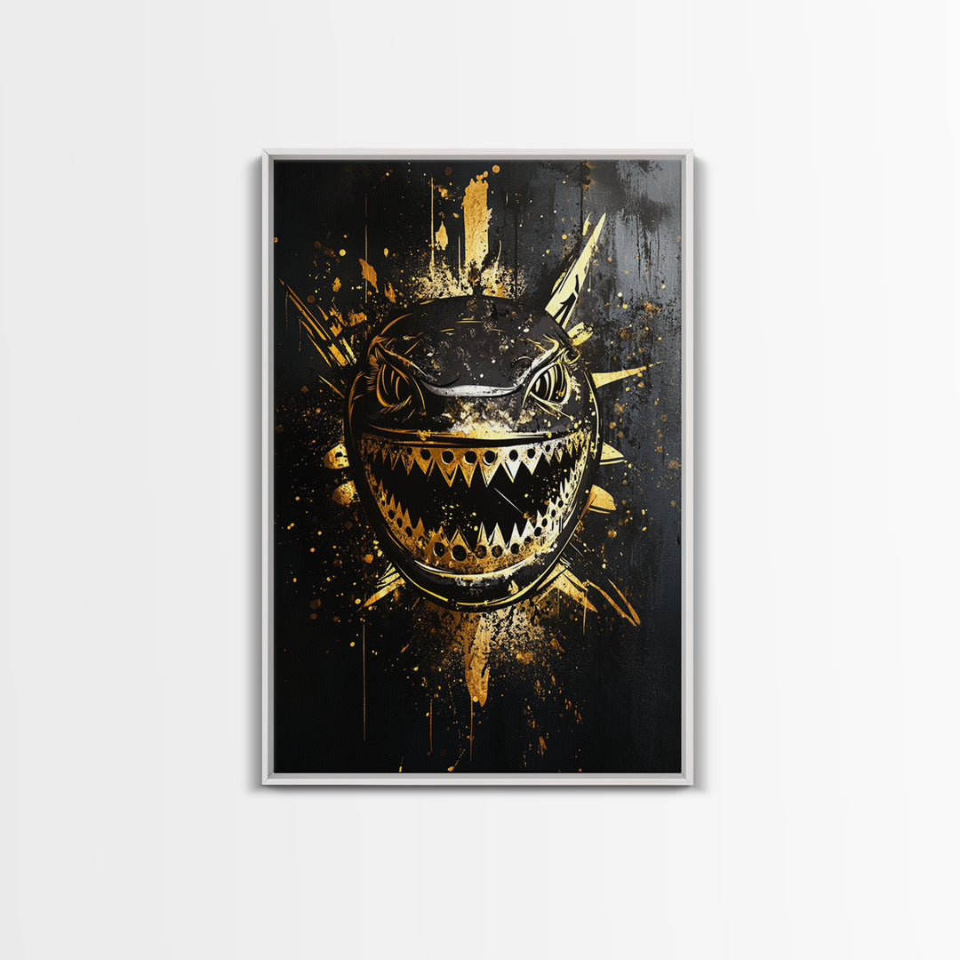 Shark Splatter Gold Canvas Print, Abstract Ocean Predator Wall Art, Real Wood Frame, Bold Modern Sea Life Artwork