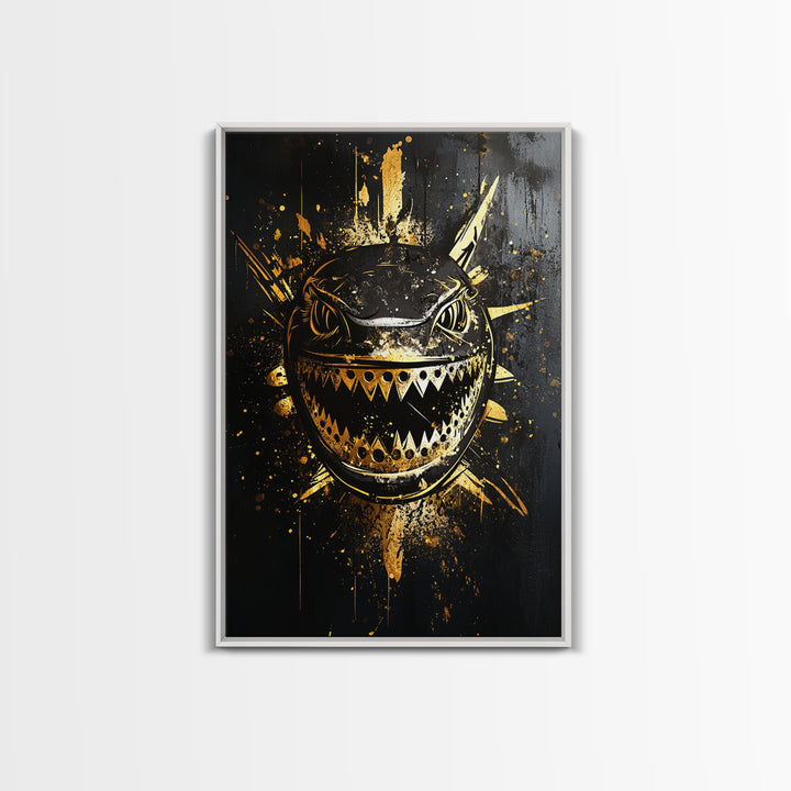 Shark Splatter Gold Canvas Print, Abstract Ocean Predator Wall Art, Real Wood Frame, Bold Modern Sea Life Artwork