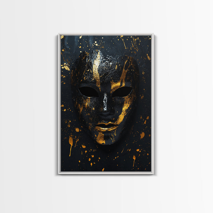 Abstract Mask Gold Canvas Print, Contemporary Splatter Face Wall Art, Real Wood Frame, Modern Tribal Mask Decor