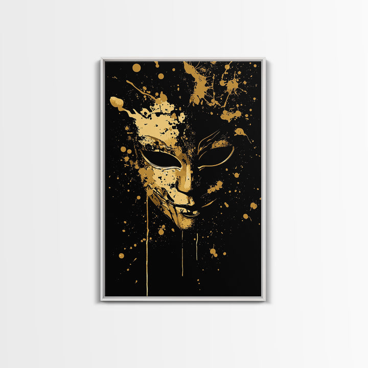 Mysterious Mask Gold Canvas Print, Abstract Splatter Face Wall Art, Real Wood Frame, Dark Modern Mask Artwork