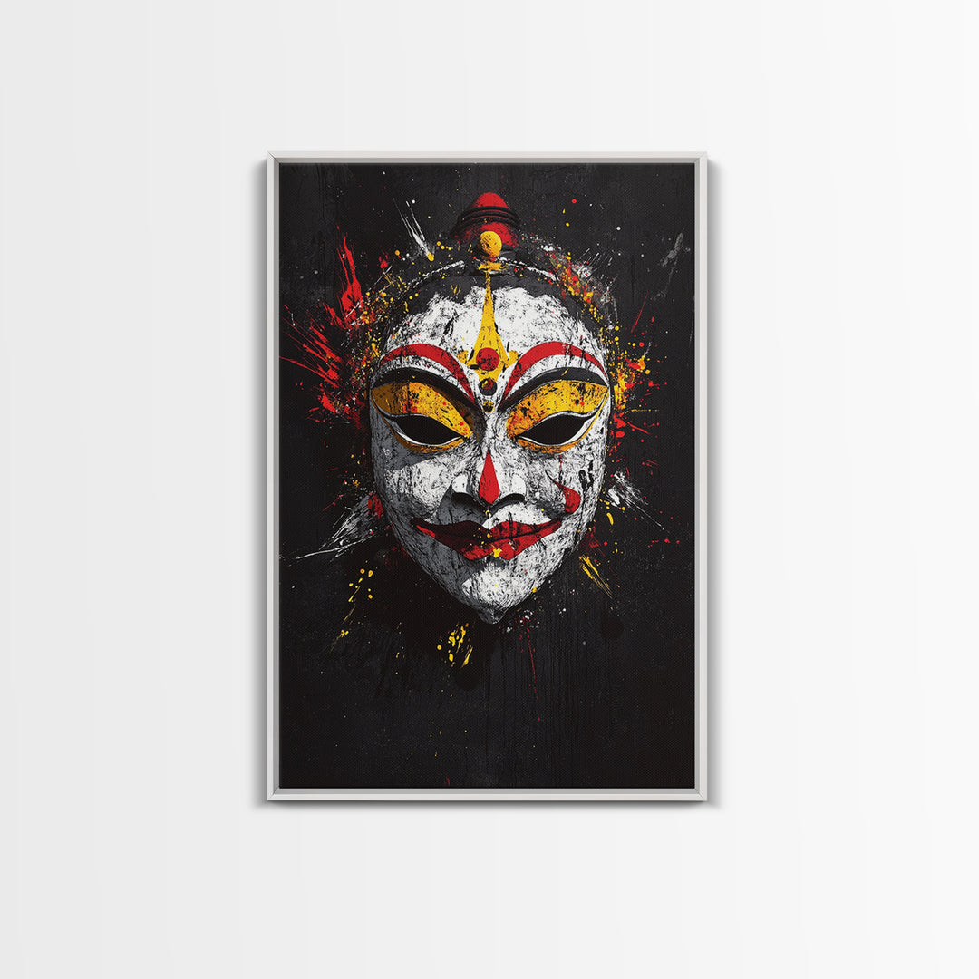 Tribal Feather Mask Gold Canvas Print, Splatter Art Decor, Ethnic Wall Art, Real Wood Frame, Cultural Modern Artwork