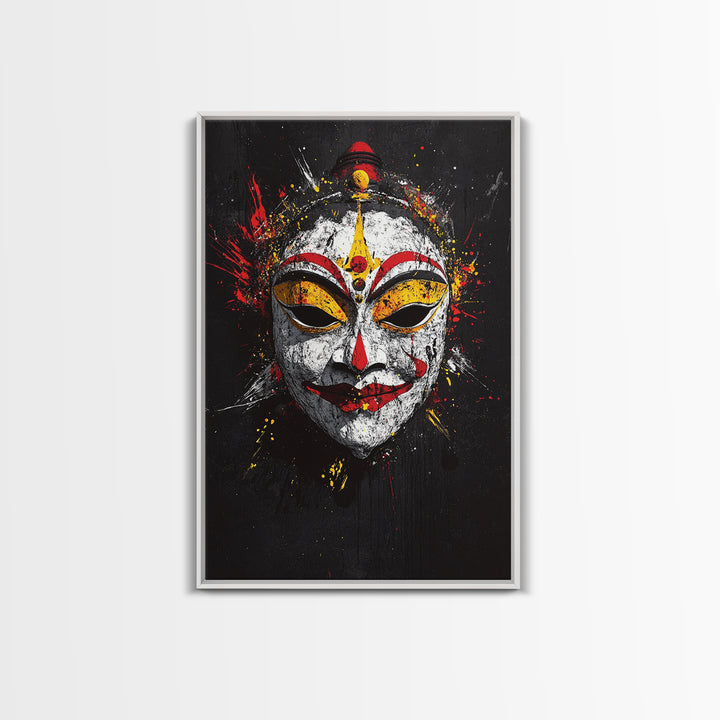 Tribal Feather Mask Gold Canvas Print, Splatter Art Decor, Ethnic Wall Art, Real Wood Frame, Cultural Modern Artwork