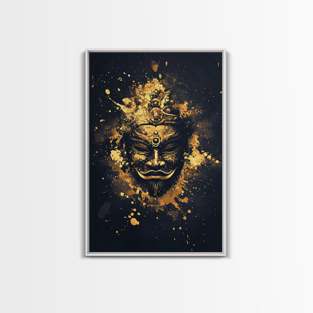 Ancient Mask Gold Canvas Print, Mystical Splatter Wall Art, Real Wood Frame, Bold Spiritual Mask Artwork For Home
