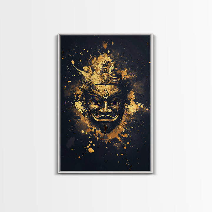 Ancient Mask Gold Canvas Print, Mystical Splatter Wall Art, Real Wood Frame, Bold Spiritual Mask Artwork For Home