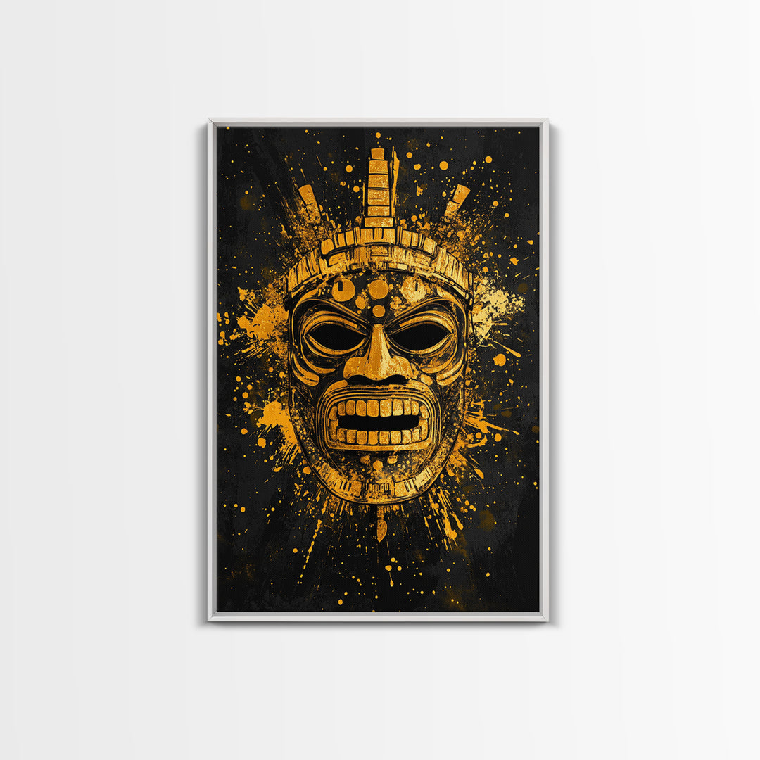 Abstract Alien Mask Gold Canvas Print, Futuristic Splatter Art, Minimalist Wall Art, Real Wood Frame, Modern Home Decor