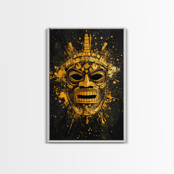 Abstract Alien Mask Gold Canvas Print, Futuristic Splatter Art, Minimalist Wall Art, Real Wood Frame, Modern Home Decor