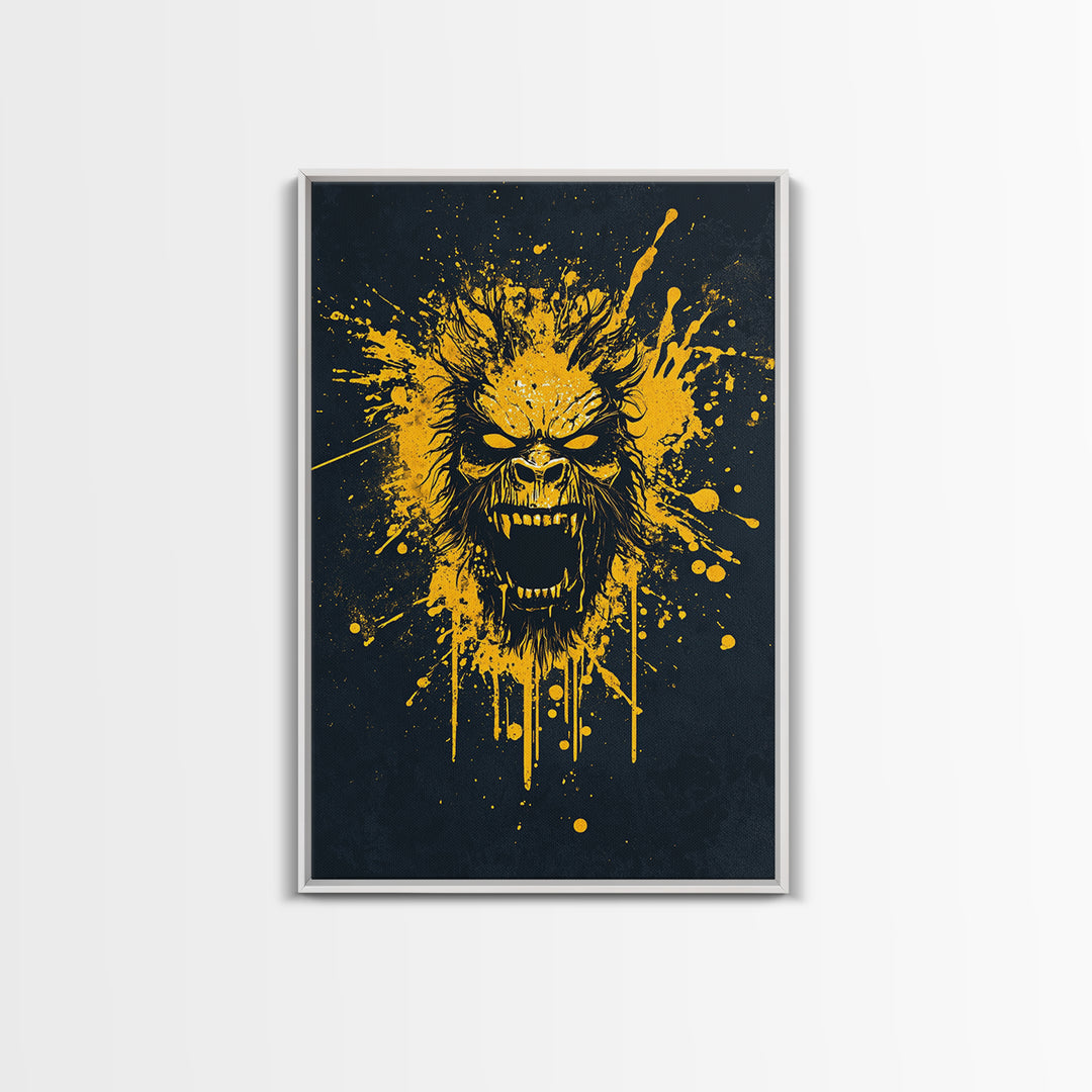 Bear Face Gold Canvas Print, Animal Splatter Art, Fierce Wildlife Wall Decor, Real Wood Frame, Modern Bold Statement Art