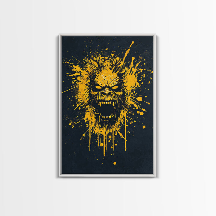 Bear Face Gold Canvas Print, Animal Splatter Art, Fierce Wildlife Wall Decor, Real Wood Frame, Modern Bold Statement Art