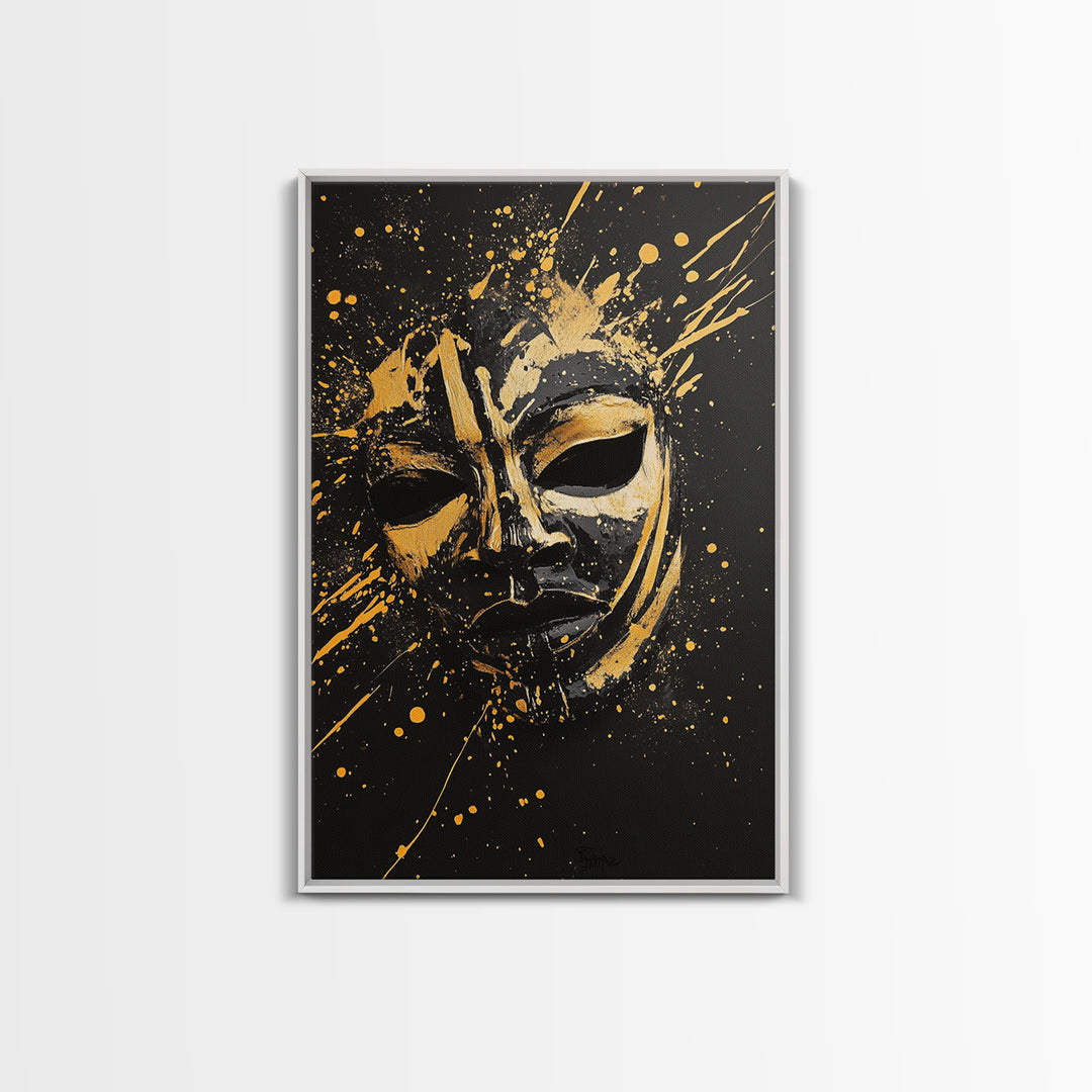 Samurai Oni Mask Gold Canvas Print, Japanese Splatter Artwork, Warrior Wall Art, Real Wood Frame, Bold Cultural Decor