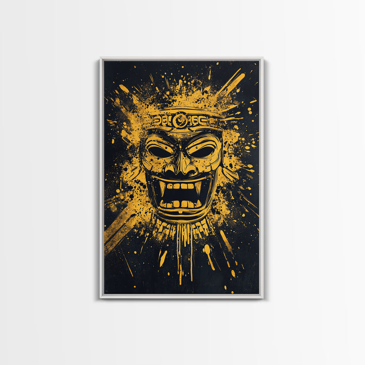 Shark Head Gold Canvas Print, Splatter Ocean Art, Fierce Predator Wall Decor, Real Wood Frame, Modern Marine Artwork