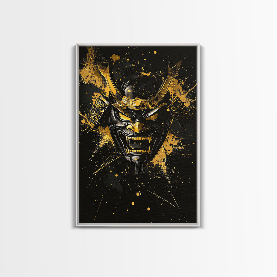 Vampire Mask Gold Canvas Print, Gothic Splatter Wall Art, Horror Decor, Real Wood Frame, Dark Artistic Statement Artwork