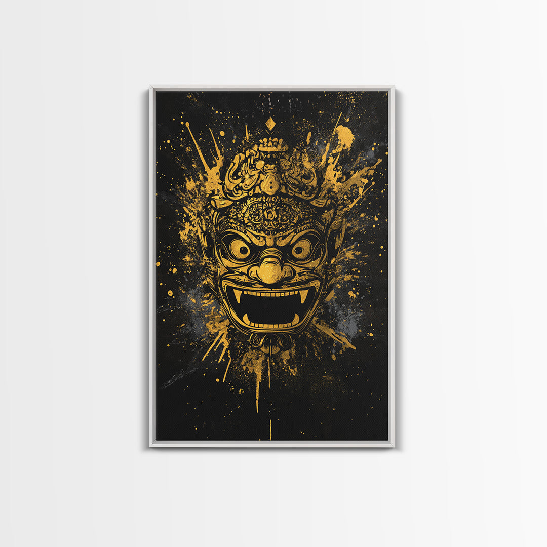 Balinese Barong Mask Gold Canvas Print, Tribal Wall Art, Mythical Creature Artwork, Real Wood Frame, Unique Home Decor