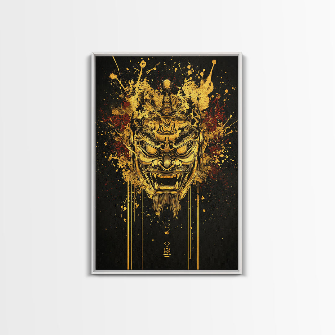 Tibetan Demon Mask Gold Canvas Print, Spiritual Wall Art, Fierce Mythical Face Art, Real Wood Frame, Bold Statement Decor