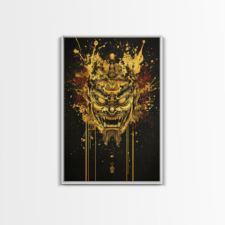 Tibetan Demon Mask Gold Canvas Print, Spiritual Wall Art, Fierce Mythical Face Art, Real Wood Frame, Bold Statement Decor