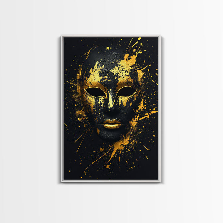 Venetian Mask Gold Canvas Print, Elegant Wall Art, Luxury Mask Artwork, Real Wood Frame, Dramatic Splatter Effect Home Decor