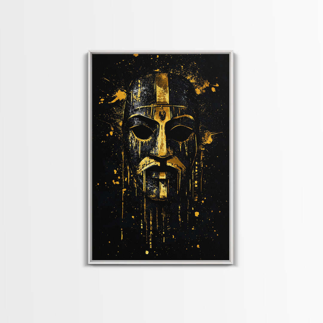 Medieval Mask Gold Canvas Print, Warrior Face Wall Art, Historic Armor Artwork, Real Wood Frame, Bold Statement Home Decor