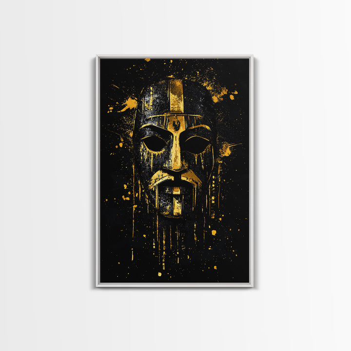 Medieval Mask Gold Canvas Print, Warrior Face Wall Art, Historic Armor Artwork, Real Wood Frame, Bold Statement Home Decor