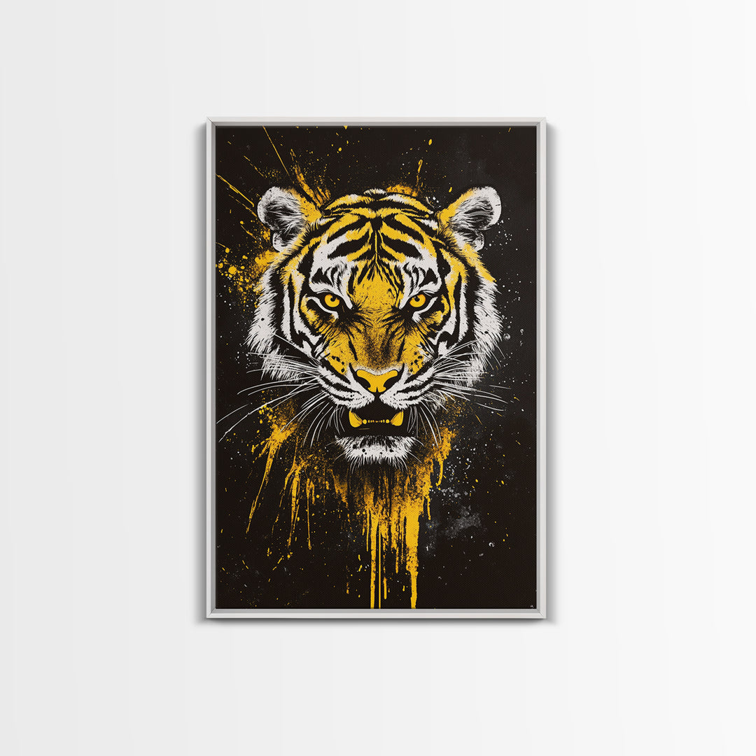 Tiger Face Gold Canvas Print, Wildlife Wall Art, Jungle Animal Artwork, Real Wood Frame, Fierce Predator Home Accent