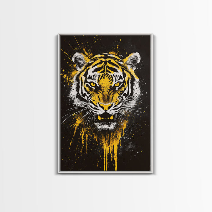 Tiger Face Gold Canvas Print, Wildlife Wall Art, Jungle Animal Artwork, Real Wood Frame, Fierce Predator Home Accent
