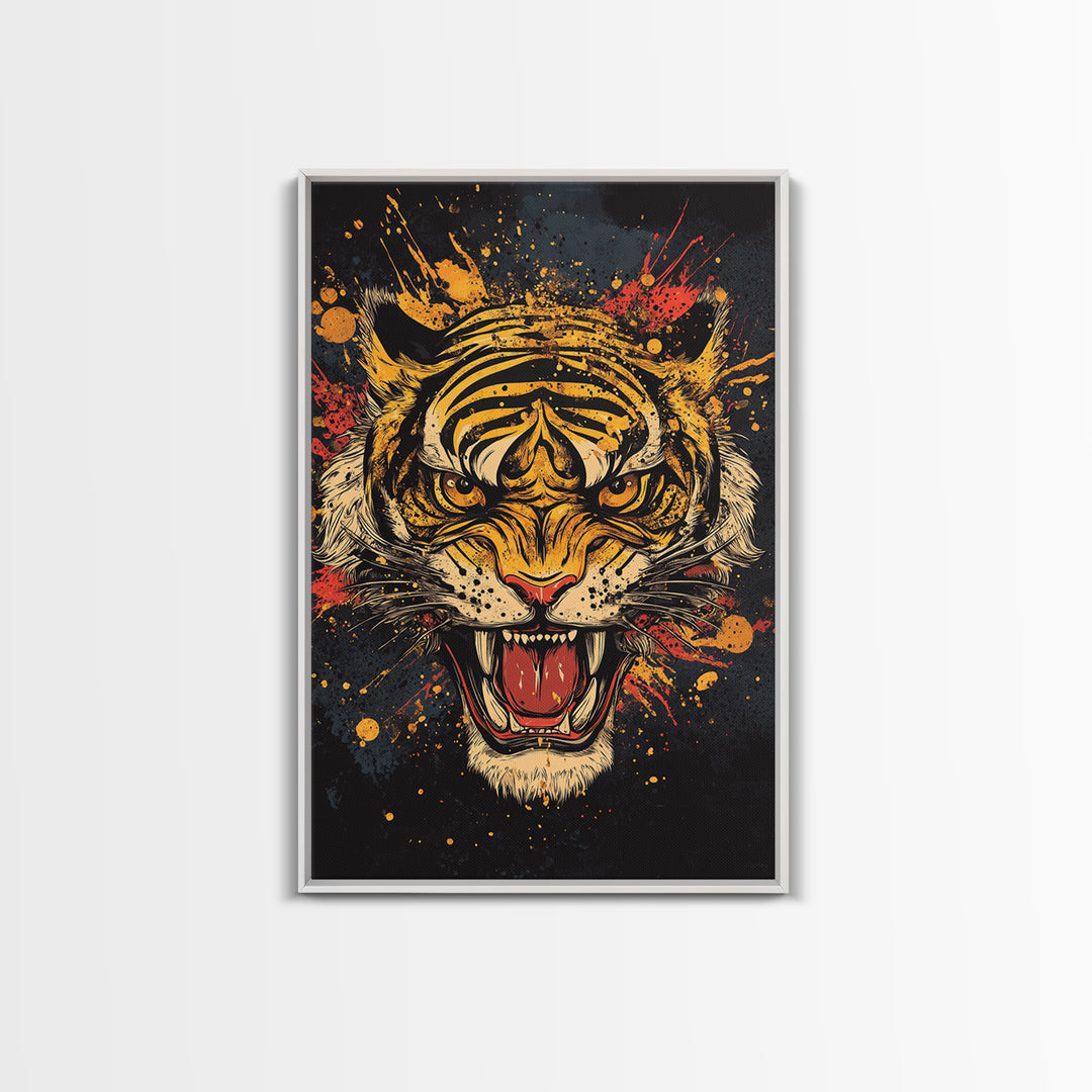 Roaring Tiger Gold Canvas Print, Wildlife Wall Art, Bold Jungle Cat Artwork, Real Wood Frame, Intense Animal Decor For Home