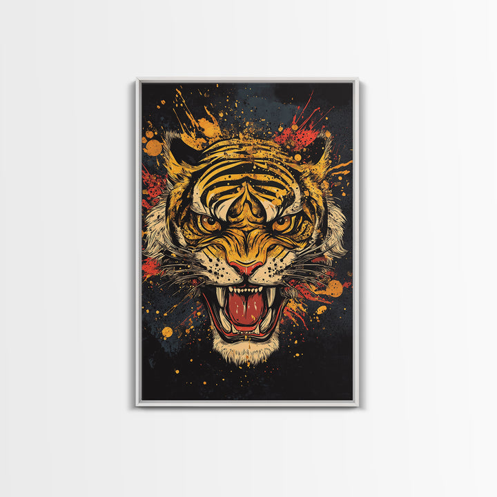 Roaring Tiger Gold Canvas Print, Wildlife Wall Art, Bold Jungle Cat Artwork, Real Wood Frame, Intense Animal Decor For Home