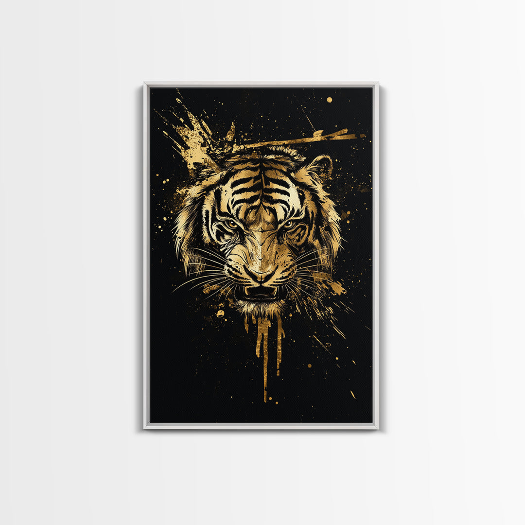 Tiger Head Gold Canvas Print, Fierce Jungle Cat Wall Art, Animal Spirit Artwork, Real Wood Frame, Powerful Wildlife Home Decor