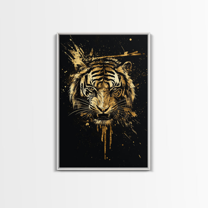 Tiger Head Gold Canvas Print, Fierce Jungle Cat Wall Art, Animal Spirit Artwork, Real Wood Frame, Powerful Wildlife Home Decor