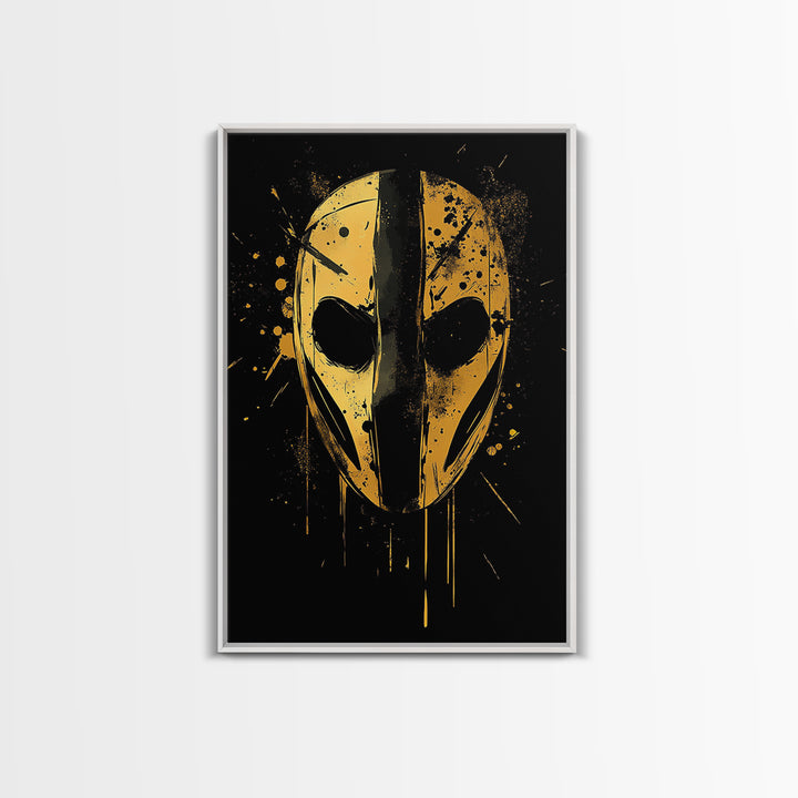 Abstract Mask Gold Canvas Print, Tribal Wall Art, Mysterious Face Artwork, Real Wood Frame, Bold Splatter Paint Effect Decor
