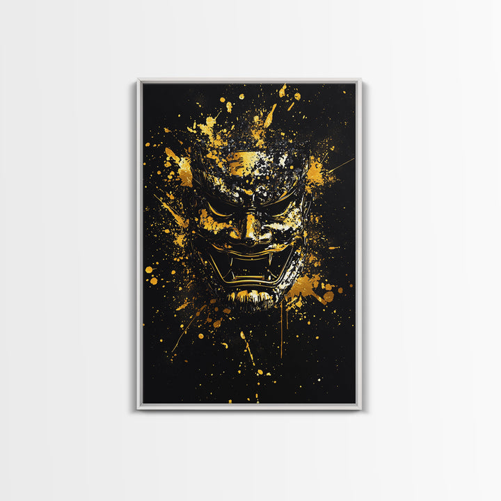 Samurai Mask Gold Canvas Print, Japanese Warrior Art, Splatter Style Wall Decor, Fierce Samurai Artwork, Real Wood Framed