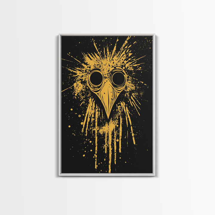 Plague Doctor Mask Gold Canvas Print, Gothic Splatter Art, Dark Fantasy Wall Decor, Unique Gothic Artwork, Real Wood Framed