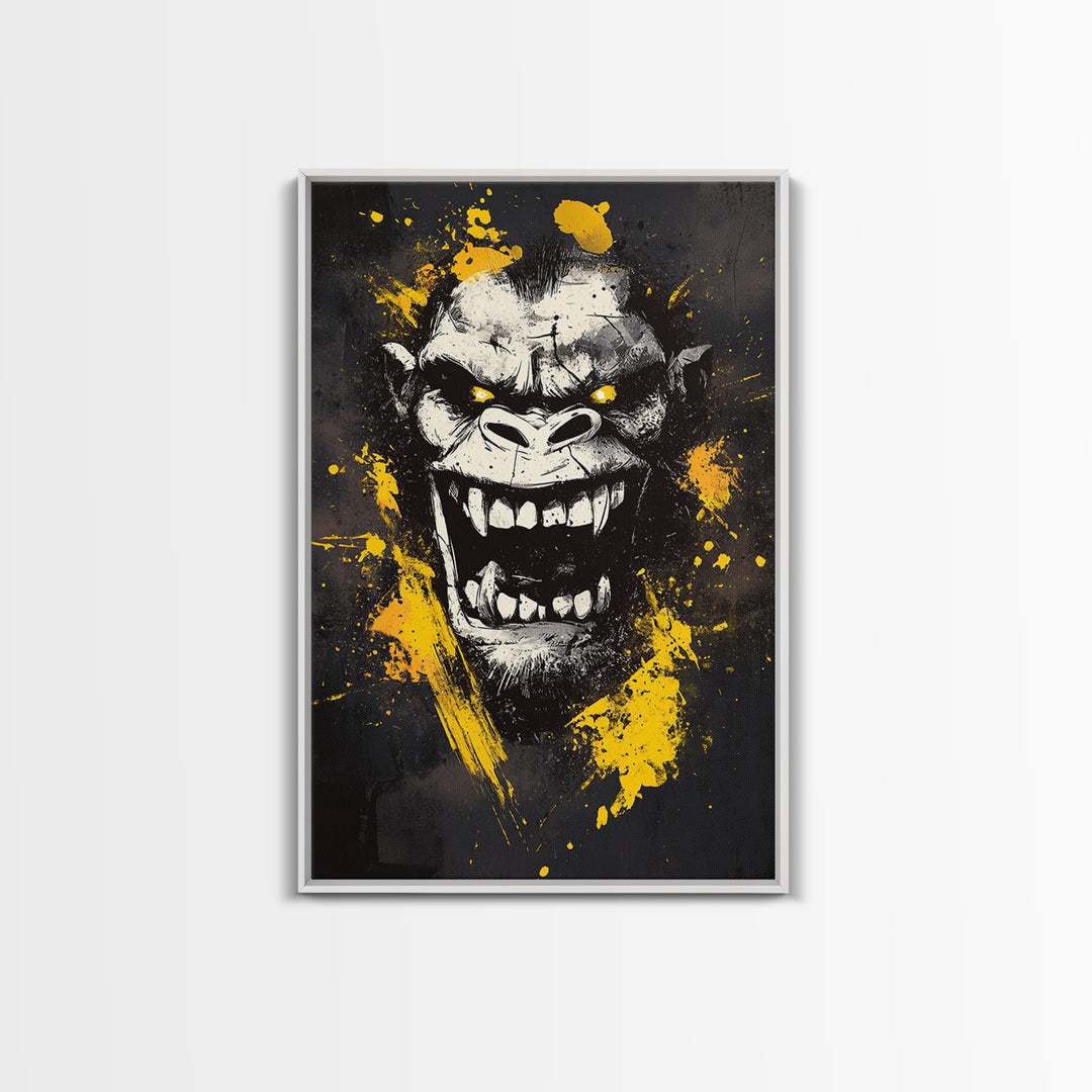 Gorilla Face Gold Canvas Print, Wild Splatter Art, Bold Jungle Wall Decor, Fierce Animal Artwork, Real Wood Framed