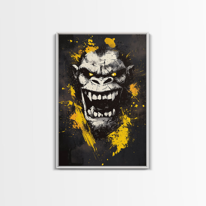 Gorilla Face Gold Canvas Print, Wild Splatter Art, Bold Jungle Wall Decor, Fierce Animal Artwork, Real Wood Framed