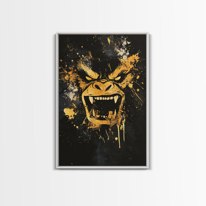 Angry Gorilla Gold Canvas Print, Tribal Splatter Art, Primal Jungle Wall Decor, Bold Animal Artwork, Real Wood Framed
