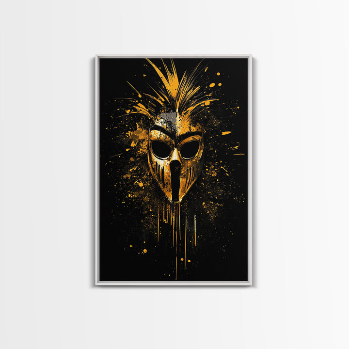Tribal Warrior Mask Gold Canvas Print, African Inspired Splatter Art, Bold Tribal Wall Decor, Fierce Artwork, Real Wood Framed