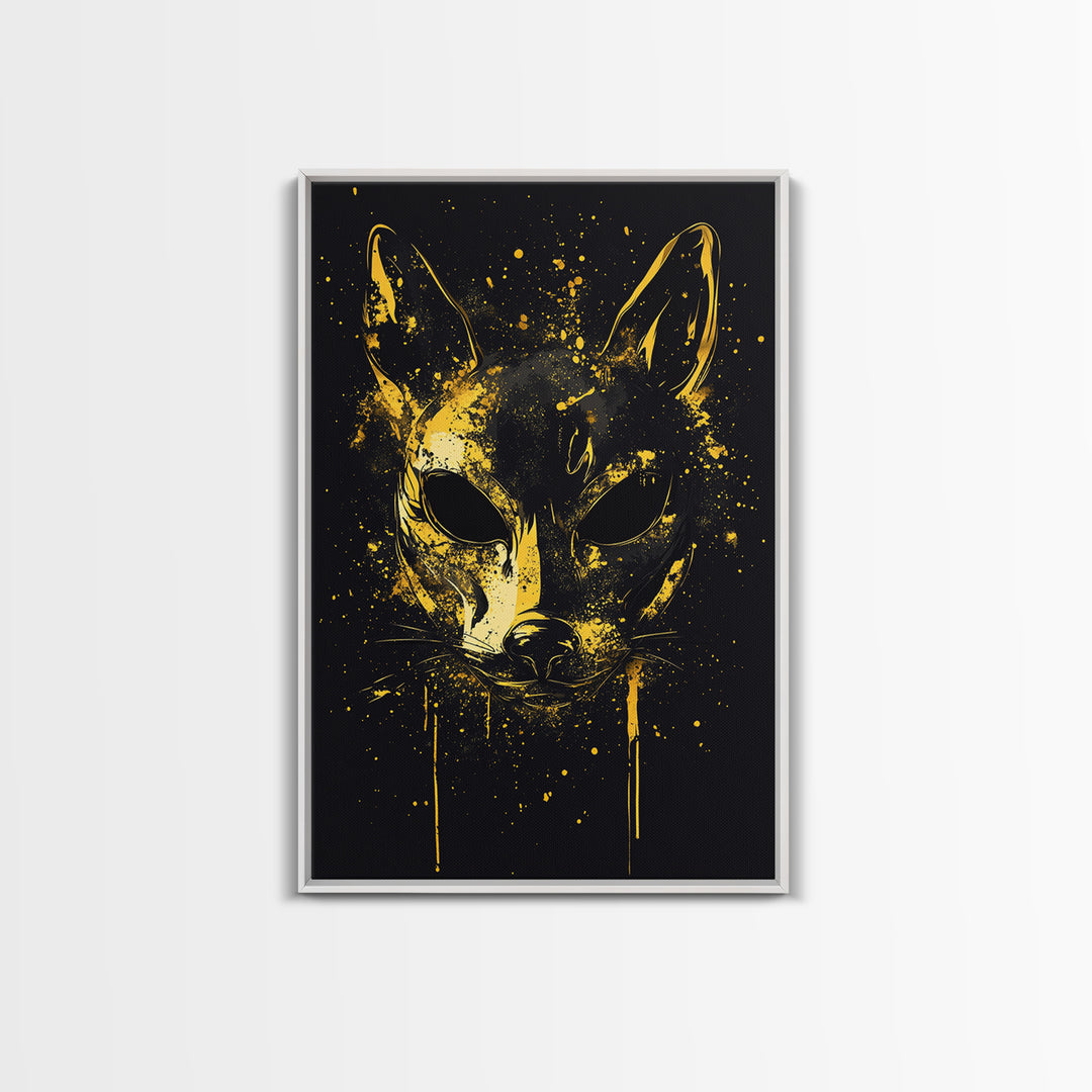 Cat Mask Gold Canvas Print, Mystical Splatter Art, Animal Spirit Wall Decor, Unique Feline Artwork, Real Wood Framed