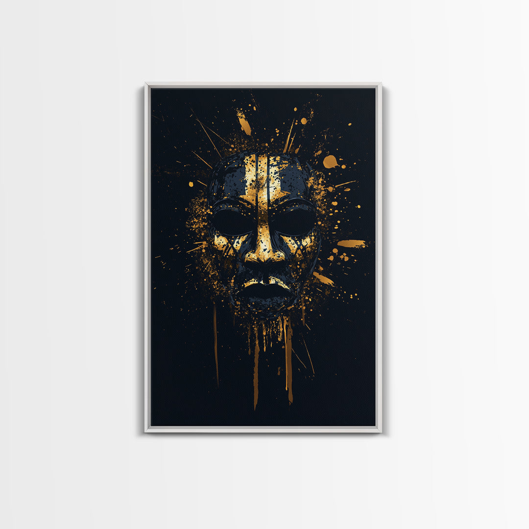Tribal Splatter Mask Gold Canvas Print, Bold Cultural Art, Unique Splatter Wall Decor, Ethnic Mask Artwork, Real Wood Framed