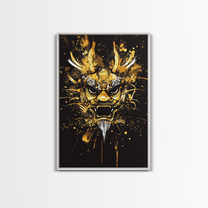 Dragon Mask Gold Canvas Print, Mythical Splatter Art, Asian Inspired Wall Decor, Fierce Dragon Artwork, Real Wood Framed