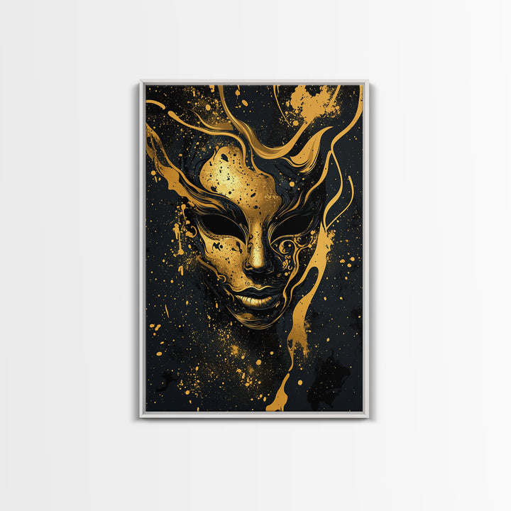Abstract Face Mask Gold Canvas Print, Surreal Splatter Art, Bold Modern Wall Decor, Unique Artistic Artwork, Real Wood Framed