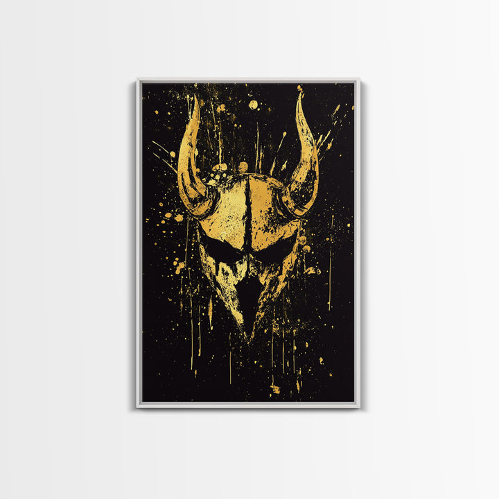 Viking Horned Helmet Gold Canvas Print, Bold Warrior Decor, Mythology Wall Art, Real Wood Framed Canvas Artwork