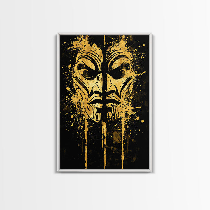 Tribal Warrior Mask Gold Canvas Print, Maori Inspired Art, Ethnic Wall Decor, Real Wood Framed Gold Canvas Artwork